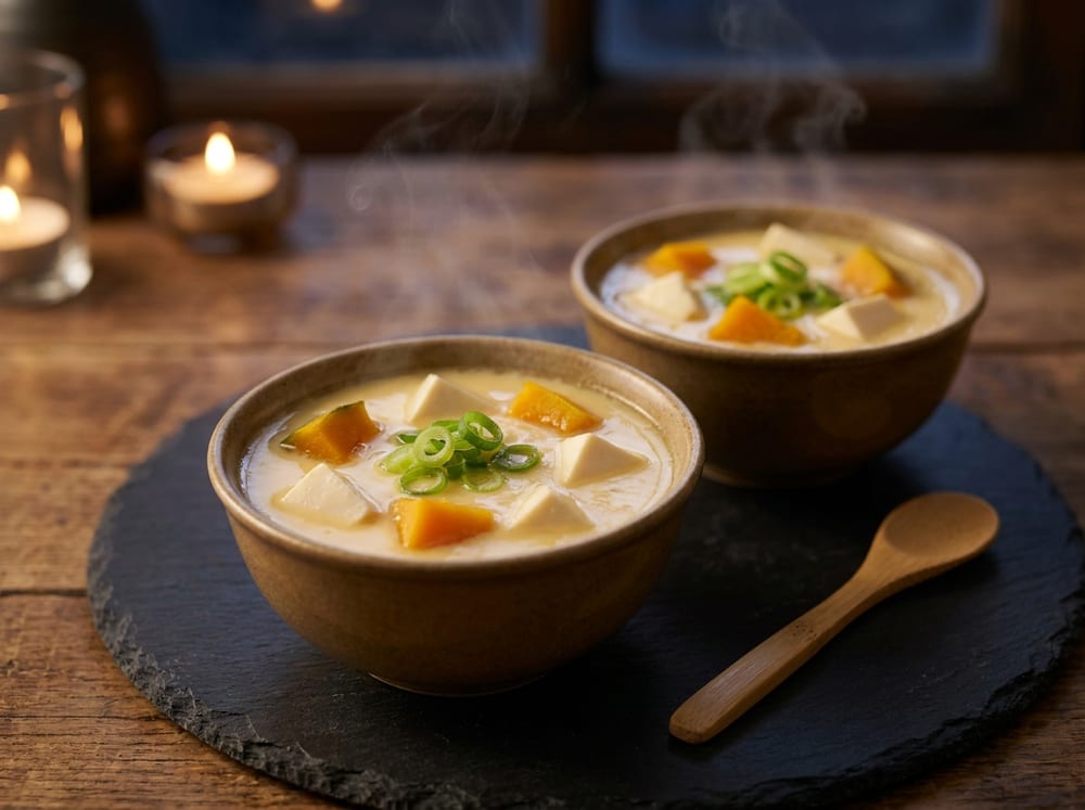 Two small ceramic cups of pale-gold savory egg custard with a glossy just-set surface, cubes of soft white tofu and bright orange kabocha suspended just beneath, a few thin green scallion rings on top, set on a dark slate tray beside a bamboo spoon under soft warm dim evening light with gentle steam rising