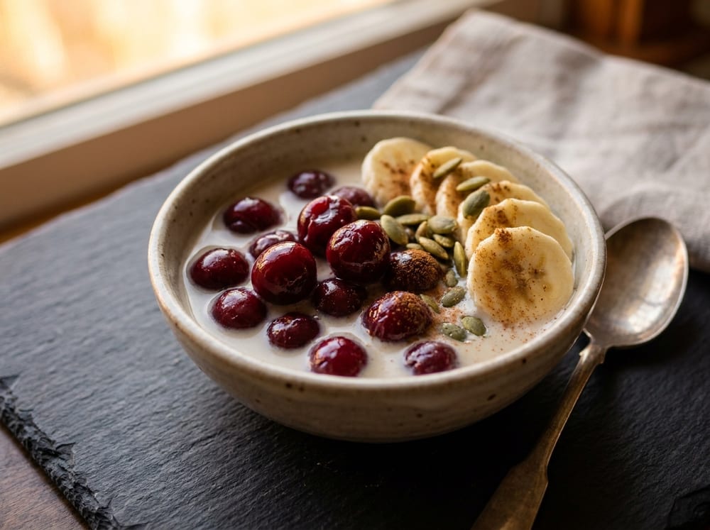 A small ceramic bowl of glossy deep-red tart cherries pooled in pale hemp milk, fanned with cool banana slices and a scatter of toasted green pumpkin seeds, dusted with cinnamon, on a dark slate surface with soft dim evening light and a spoon resting alongside.