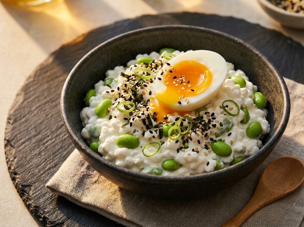A dark stoneware bowl holding creamy white cottage cheese studded with bright green edamame beans, a halved soft-boiled egg with a glossy orange jammy yolk on top, sprinkled with black-and-white sesame furikake and thin scallion rings, on a slate surface under warm directional light.