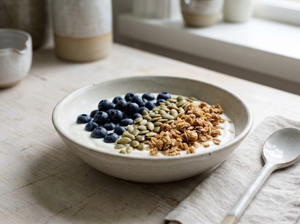A shallow ceramic bowl of thick creamy white skyr topped with a neat quadrant of glossy dark blueberries, pale green toasted pumpkin seeds, and golden-brown rye granola clusters, on a pale birch wood table in soft bright morning light, shallow depth of field.