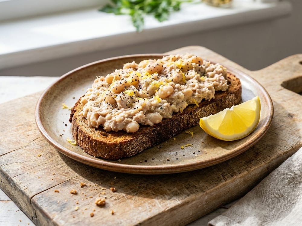 A thick slice of toasted dark rye bread on a rustic plate, generously topped with a chunky pale tuna-and-white-bean smash flecked with black pepper and lemon zest, a wedge of lemon beside it, on a weathered wooden board under bright natural window light.