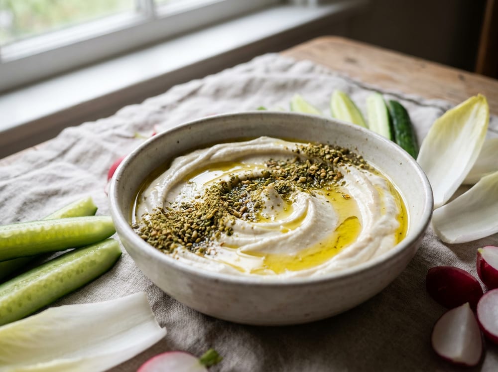 A shallow ceramic plate of pale, swirled whipped yogurt-tahini dip pooled with golden olive oil and heavily dusted with coarse green-and-brown seed dukkah, ringed by cucumber spears, pale endive leaves and red radish halves on a rustic linen-draped table in soft diffused daylight.