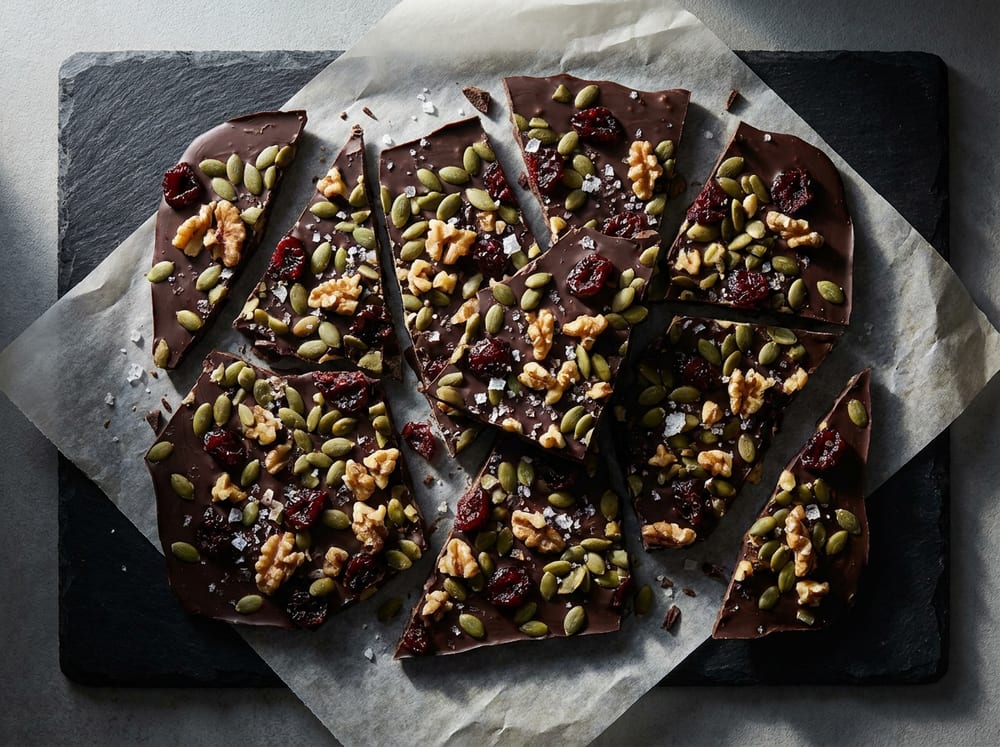 An overhead view of jagged shards of dark chocolate bark densely embedded with green pumpkin seeds, chopped walnuts and ruby dried cherries and flecked with flaky salt, arranged on crumpled parchment over a dark slate surface in moody directional light.